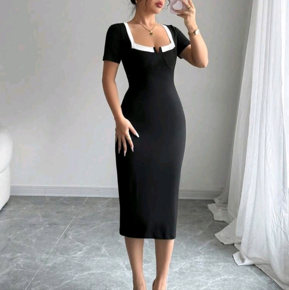 Black And White Color Block Short Sleeve Fitted Midi Dress For Women - Picture 1 of 4